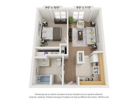 Floor plan for 1 bed, 1 bath, 610 sqft
